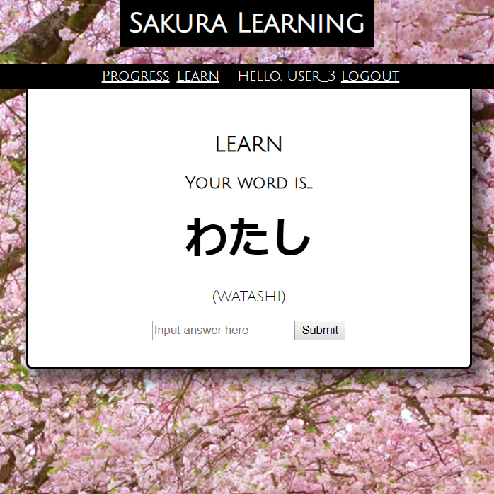 A flashcard prompt asking for the definition of the Japanese word 'watashi'