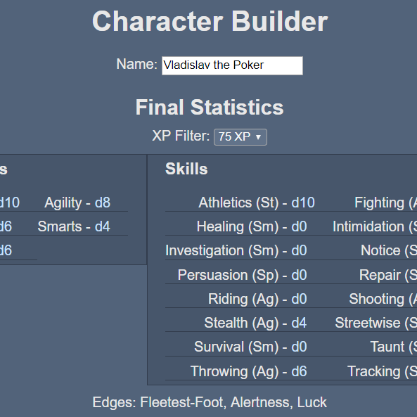 Section of a character creator, showing the final stats of a character