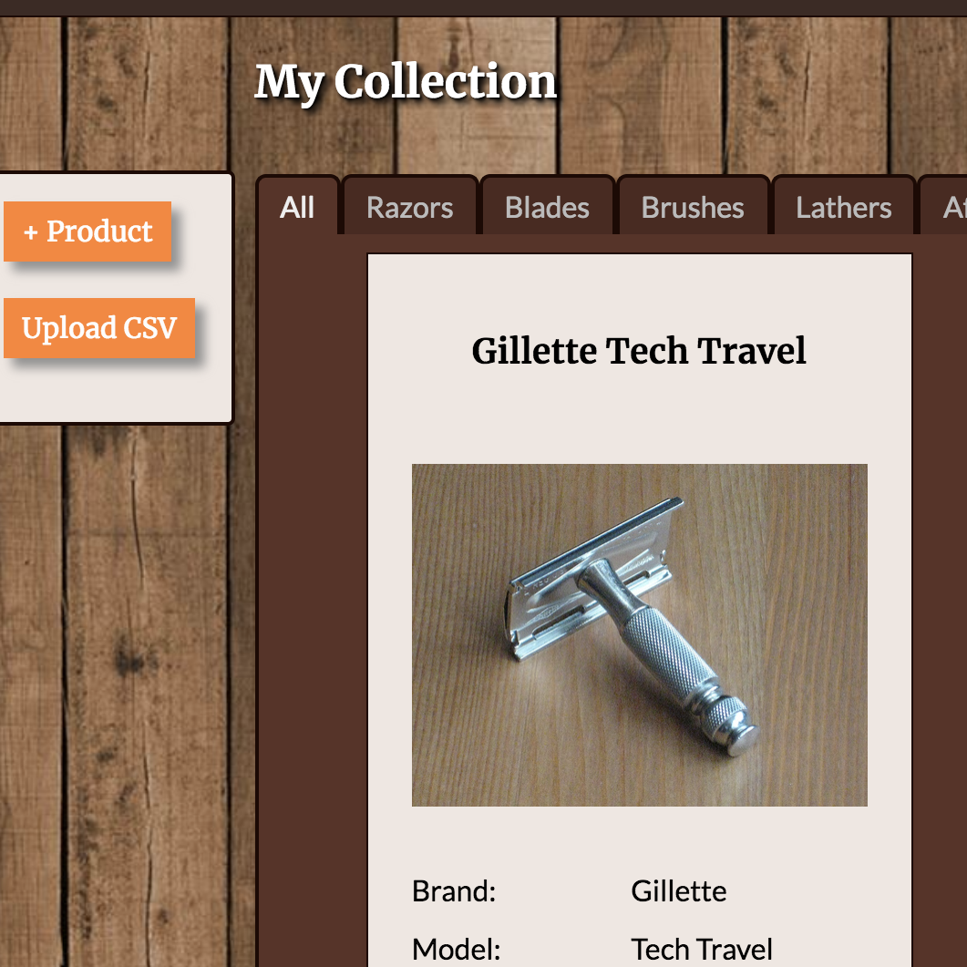 A dashboard of a user's shaving products, organizable by product type.